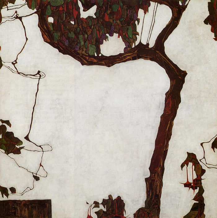 Autumn Tree with Fuchsias, vintage artwork by Egon Schiele, 12x8