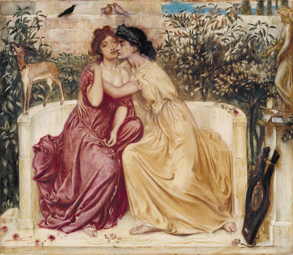 Sappho and Erinna in a Garden at Mytilene, vintage artwork by Simeon Solomon, 12x8" (A4) Poster