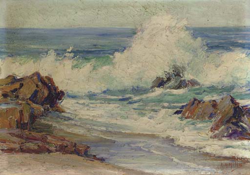 Dashing Waves, Laguna Beach, vintage artwork by Anna Althea Hills, 12x8" (A4) Poster