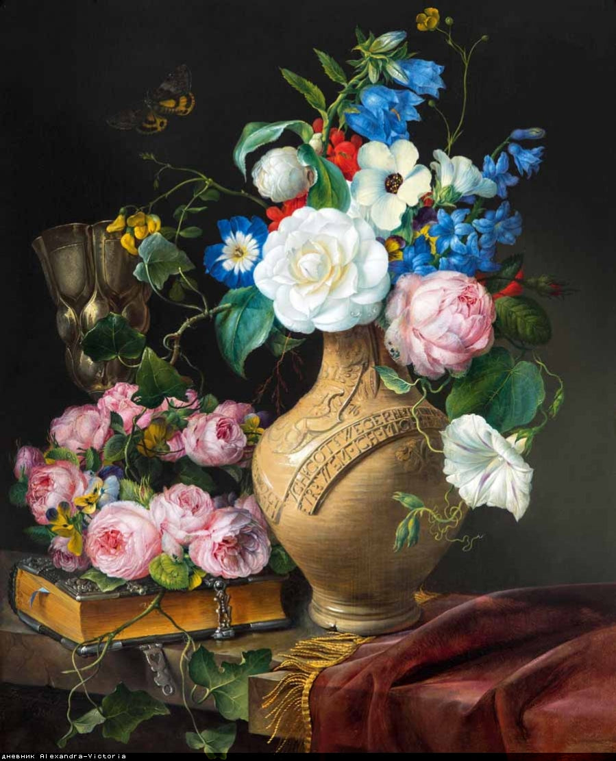 Floral still life with a wreath of roses, a stein and a cup, vintage artwork by Franz Xavier Petter, A3 (16x12") Poster Print