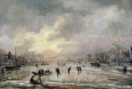 Winter landscape with houses, vintage artwork by Aert van der Neer, 12x8" (A4) Poster