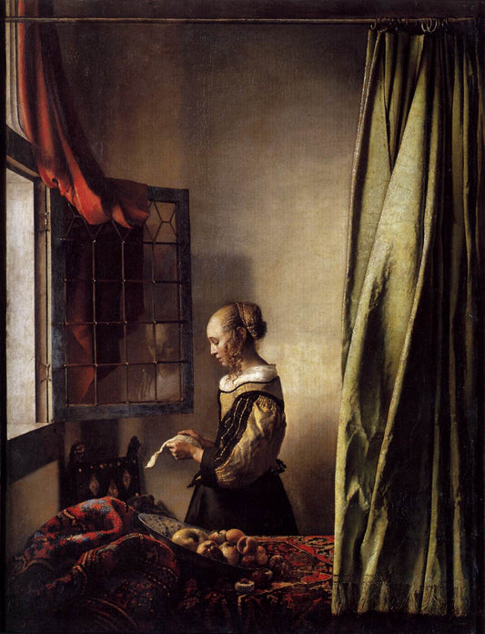 Girl Reading a Letter at an Open Window, vintage artwork by Johannes Vermeer, 12x8" (A4) Poster