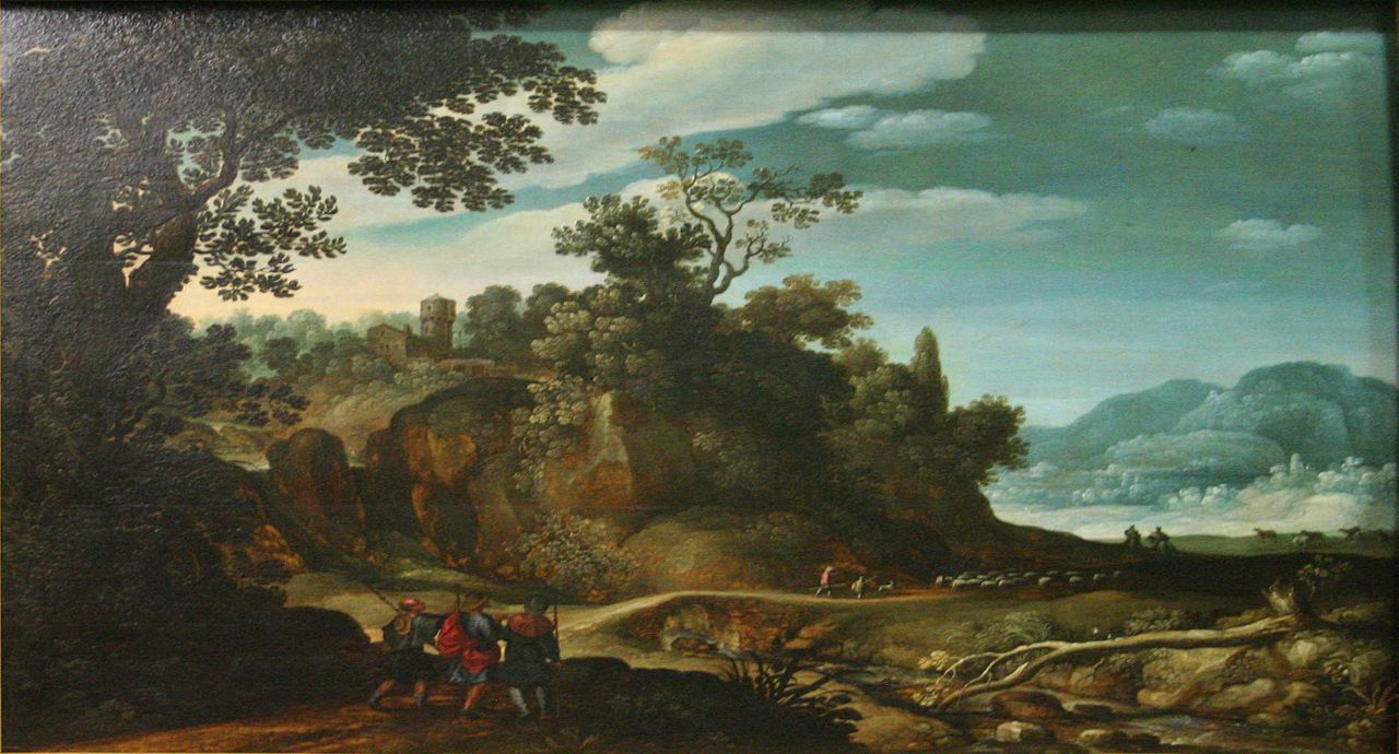 Landscape with pilgrims from Emmaus, vintage artwork by Claes van der Heck, 12x8" (A4) Poster