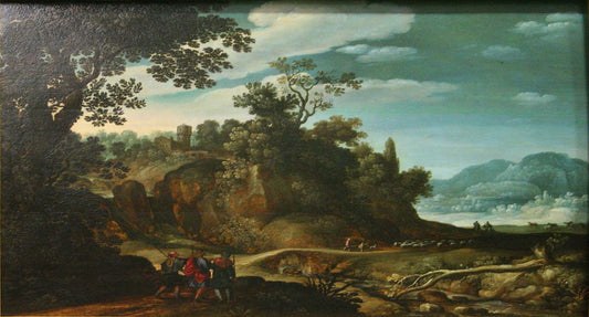 Landscape with pilgrims from Emmaus, vintage artwork by Claes van der Heck, 12x8" (A4) Poster