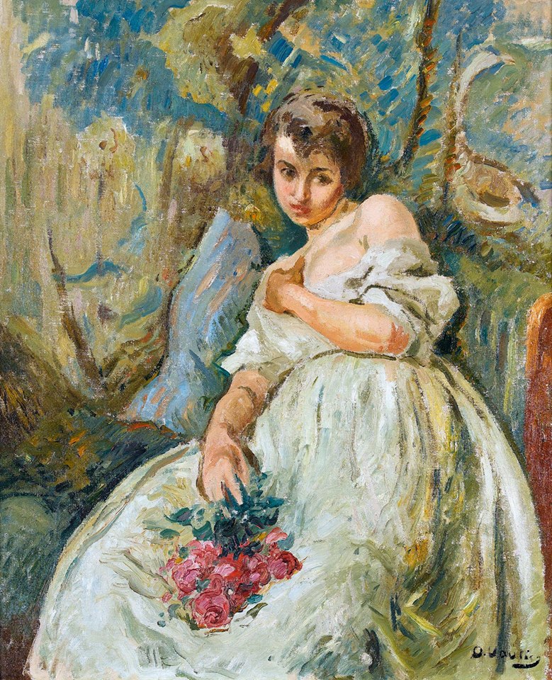 Young Woman with Roses, vintage artwork by Otto Vautier, 12x8" (A4) Poster