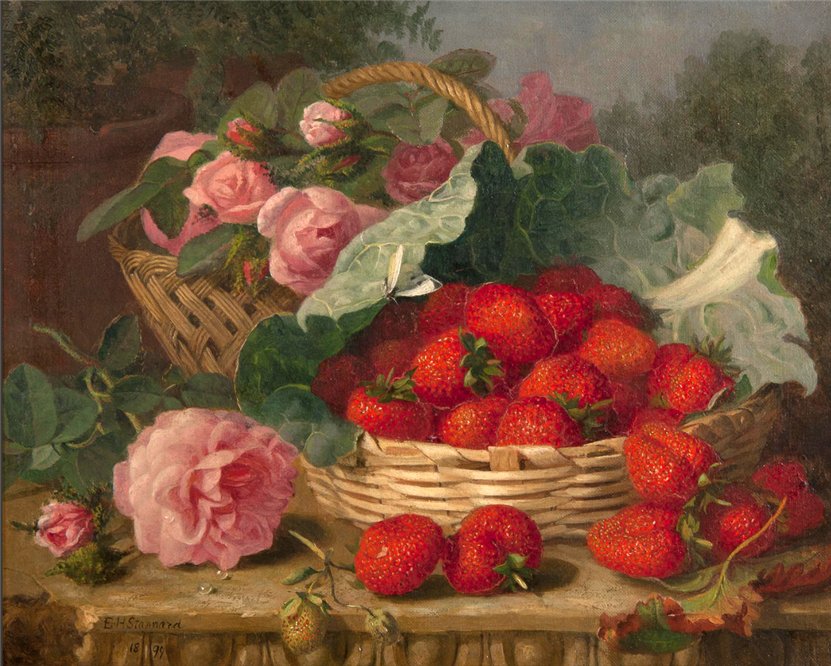 Still life of strawberries, roses, cabbage leaf and butterfly on a limestone ledge, vintage artwork by Eloise Harriet Stannard, 12x8" (A4) Poster