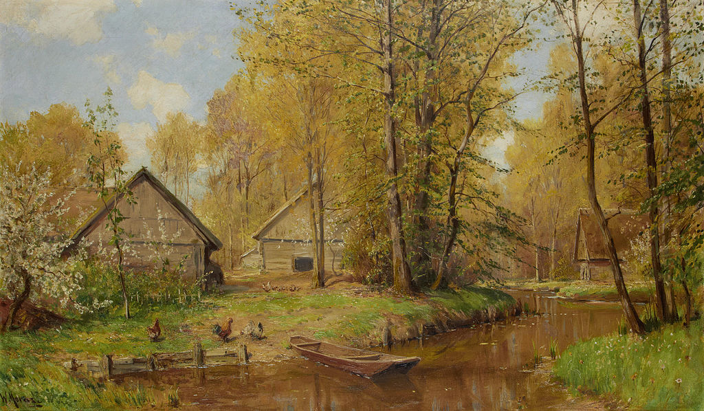 Cabins by  a Stream, vintage artwork by Walter Moras, 12x8" (A4) Poster