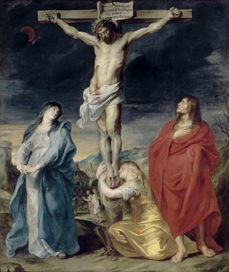 Christ on the Cross with Mary Magdalen and Saint John, vintage artwork by Anthony van Dyck, 12x8" (A4) Poster