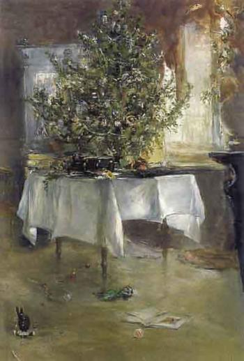 Christmas tree on table, vintage artwork by Hans Borchardt, 12x8" (A4) Poster