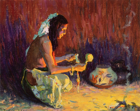 Indian Brave Kneeling Before the Firelight, vintage artwork by Eanger Irving Couse, 12x8" (A4) Poster