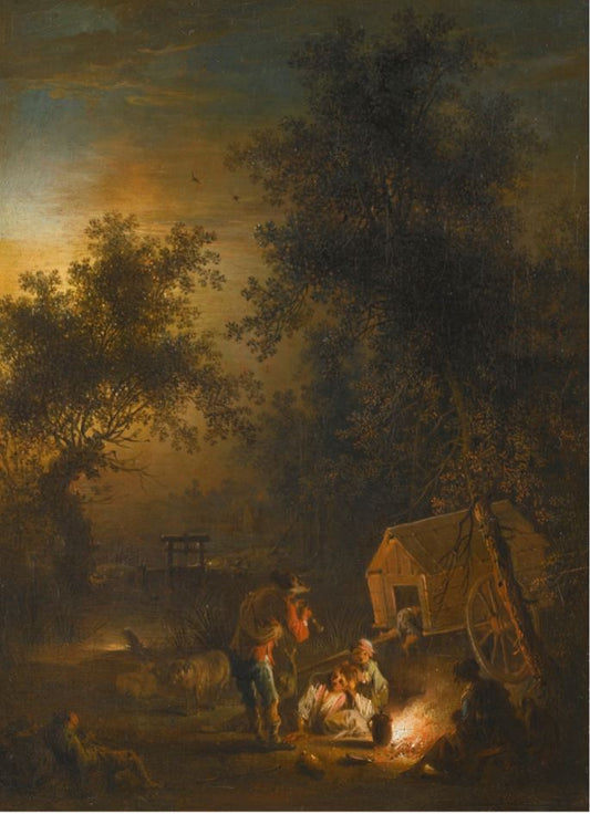 A landscape with travellers at night resting by  a roadside fire, vintage artwork by Johann Conrad Seekatz, 12x8" (A4) Poster