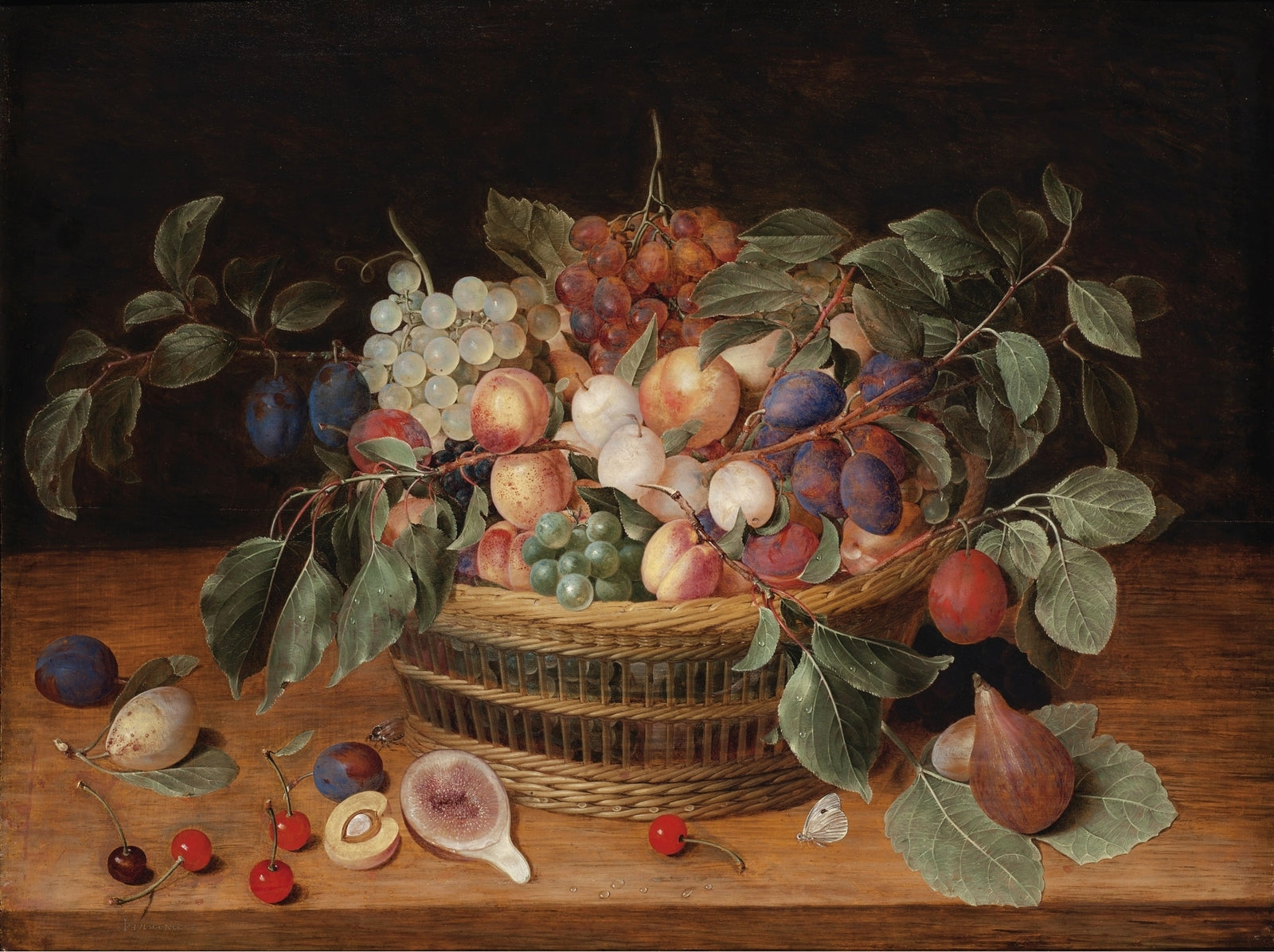 Still Life with Peaches, Plums and Grapes in a Basket on a Ledge, vintage artwork by Jacob van Hulsdonck, 12x8" (A4) Poster