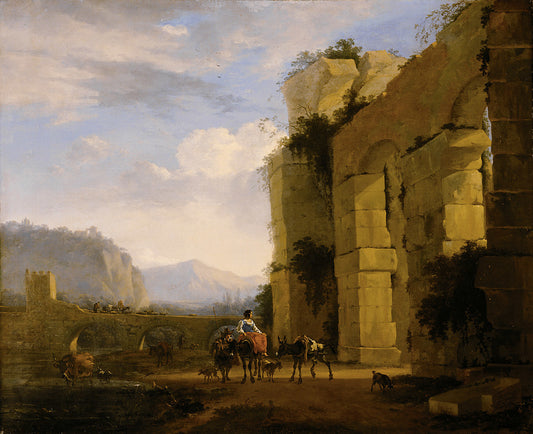 Italian Landscape with Aqueduct, vintage artwork by Nicolaes Berchem, 12x8" (A4) Poster