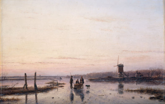 Windmill beide a Frozen River, vintage artwork by Andreas Schelfhout, 12x8" (A4) Poster