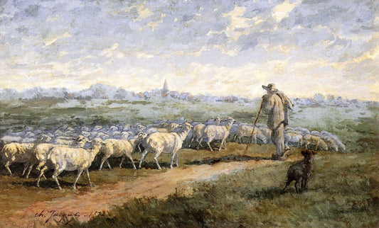 Landscape with a Flock of Sheep, vintage artwork by Charles-Émile Jacque, A3 (16x12") Poster Print