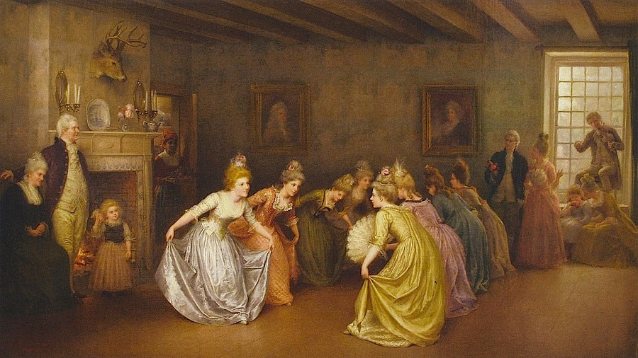 Colonial Minuet, vintage artwork by Jennie Brownscombe, 12x8" (A4) Poster