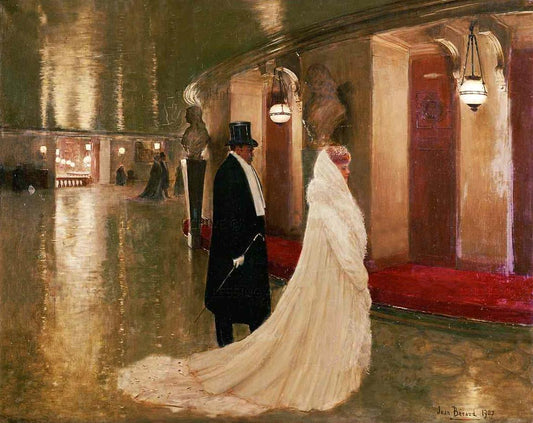 An elegant couple entering a box at the Paris Opera., vintage artwork by Jean-Georges Beraud, 12x8" (A4) Poster