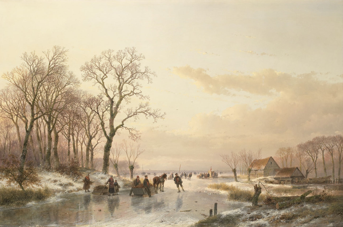 A Frozen Canal near the River Maas, vintage artwork by Andreas Schelfhout, 12x8" (A4) Poster