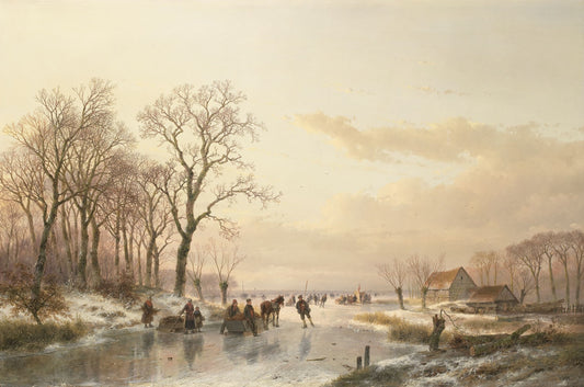 A Frozen Canal near the River Maas, vintage artwork by Andreas Schelfhout, 12x8" (A4) Poster