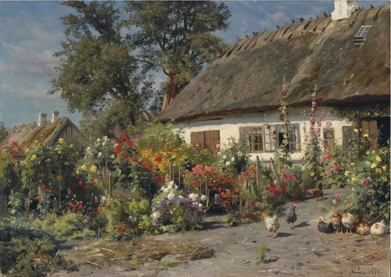 A Cottage Garden with Chickens by Peder Mork Monsted,A3(16x12")Poster