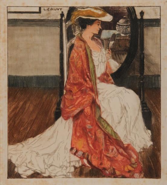 Woman in front of a Mirror, vintage artwork by Leon Cauvy, 12x8" (A4) Poster