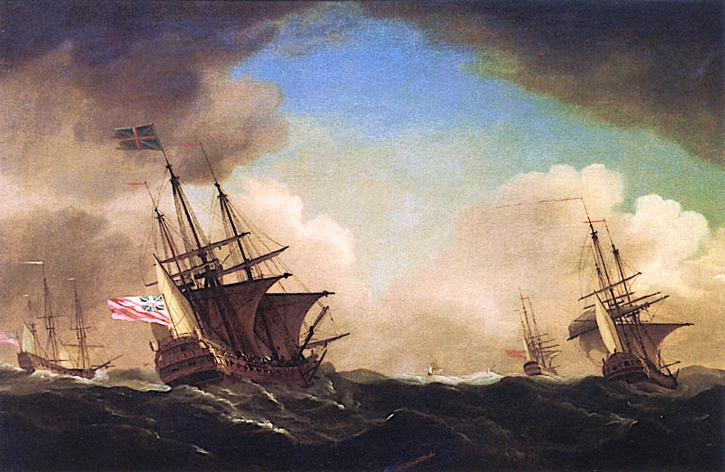A Squadron of English Ships Beating to Windward in a Gale (after W. V. Velde Jr.), vintage artwork by Peter Monamy, 12x8" (A4) Poster