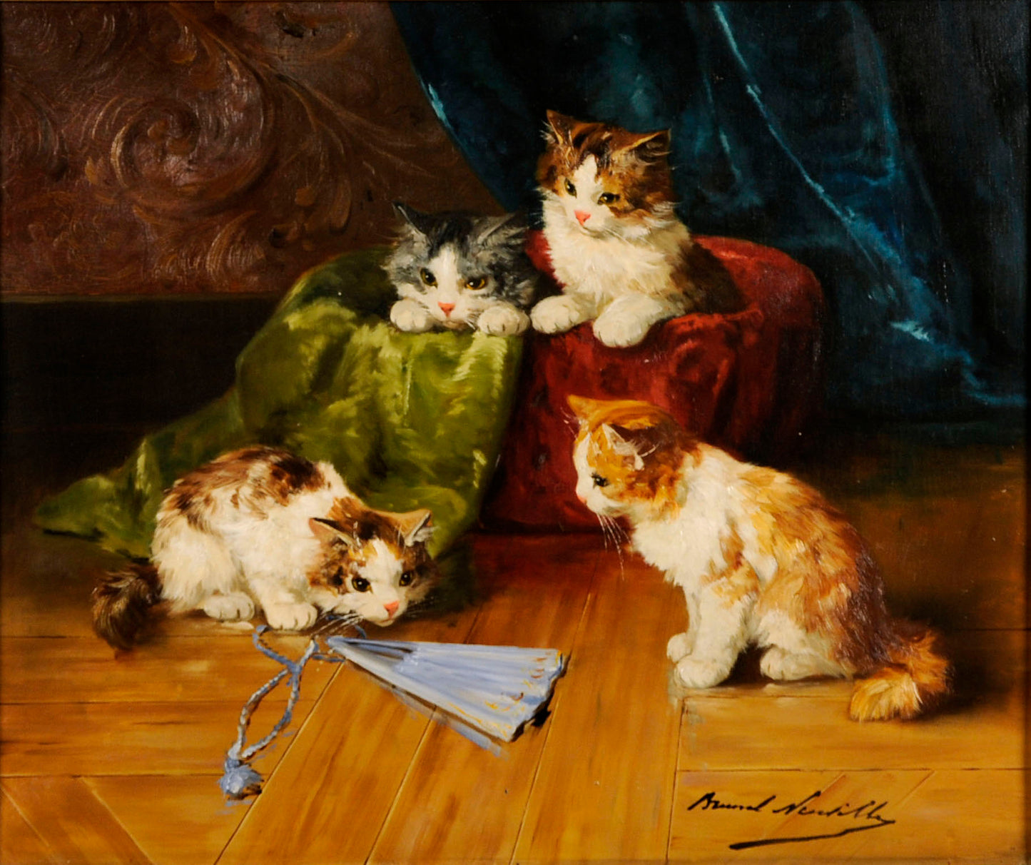 chatons jouant avec un eventail, vintage artwork by Alfred Brunel de Neuville, 12x8" (A4) Poster