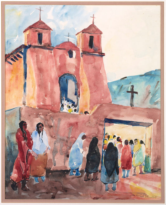 Church, Rancho de Taos, vintage artwork by Selden Gile, 12x8" (A4) Poster