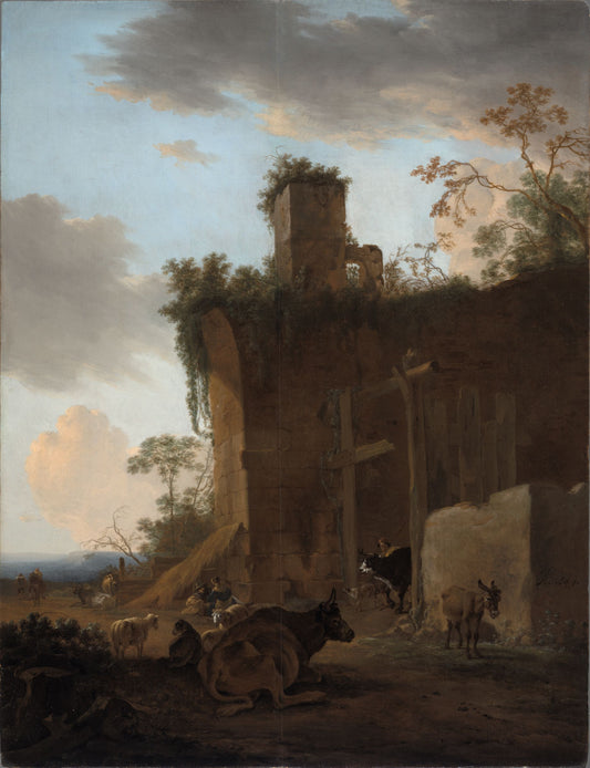 Italianate Landscape with Drovers, Cattle and Sheep beside Ruins, vintage artwork by Jan Asselijn, 12x8" (A4) Poster