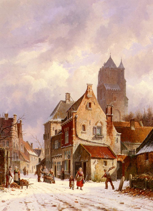 A Winter Street Scene, vintage artwork by Adrianus Eversen, A3 (16x12") Poster Print