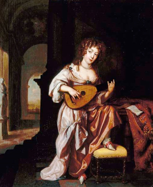 An elegant lady playing the lute, vintage artwork by Reinier De La Haye, 12x8" (A4) Poster