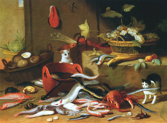 Two Cats Playing with a Fish, vintage artwork by Jan van Kessel the Younger, 12x8" (A4) Poster