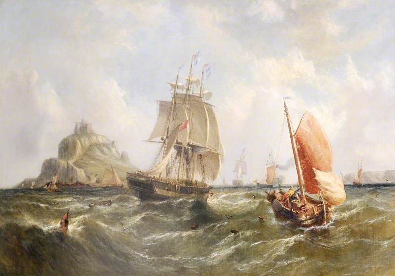 Shipping off St Michael's Mount, vintage artwork by William Adolphus Knell, A3 (16x12") Poster Print