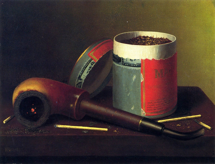 Still Life with Pipe, vintage artwork by William Michael Harnett, 12x8