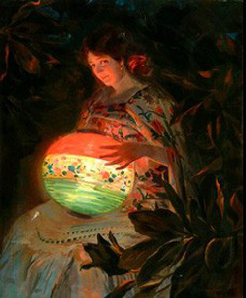 Girl with Lantern, vintage artwork by Julio Vila y Prades, 12x8" (A4) Poster