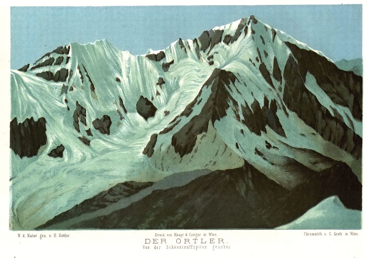 The Ortler from the Schönntauffspitze, vintage artwork by Hubert Sattler, A3 (16x12") Poster Print