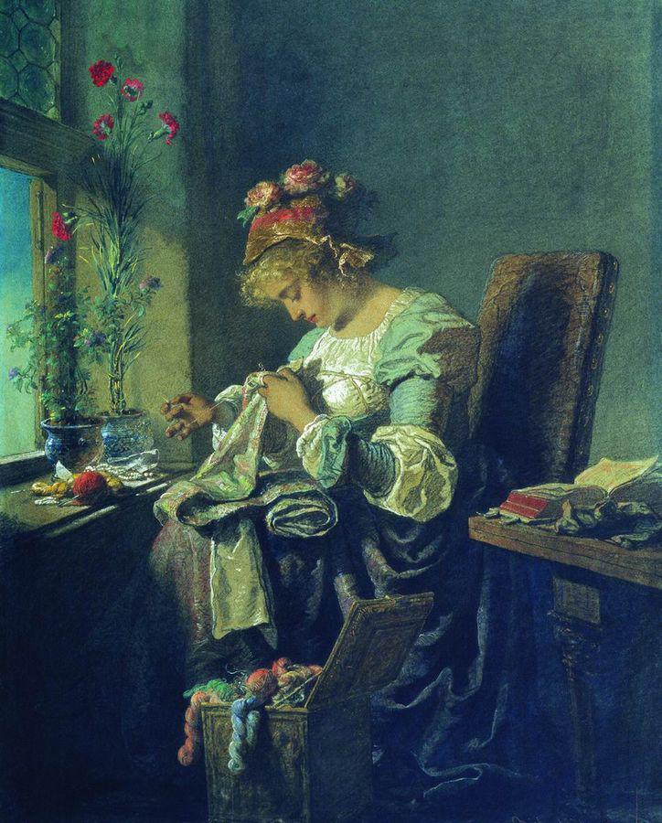 Young Girl Embroidering, vintage artwork by Mihály Zichy, 12x8" (A4) Poster