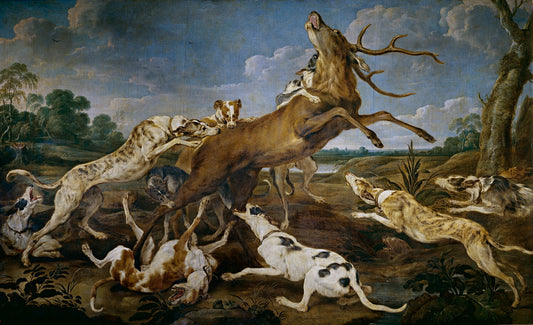 Deer harassed by  a pack of dogs, vintage artwork by Paul de Vos, 12x8" (A4) Poster