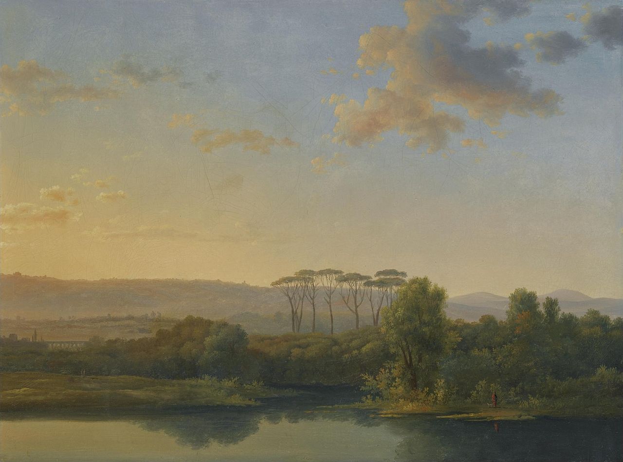An Italianate river landscape at sunset, vintage artwork by Jean-Joseph-Xavier Bidauld, 12x8" (A4) Poster