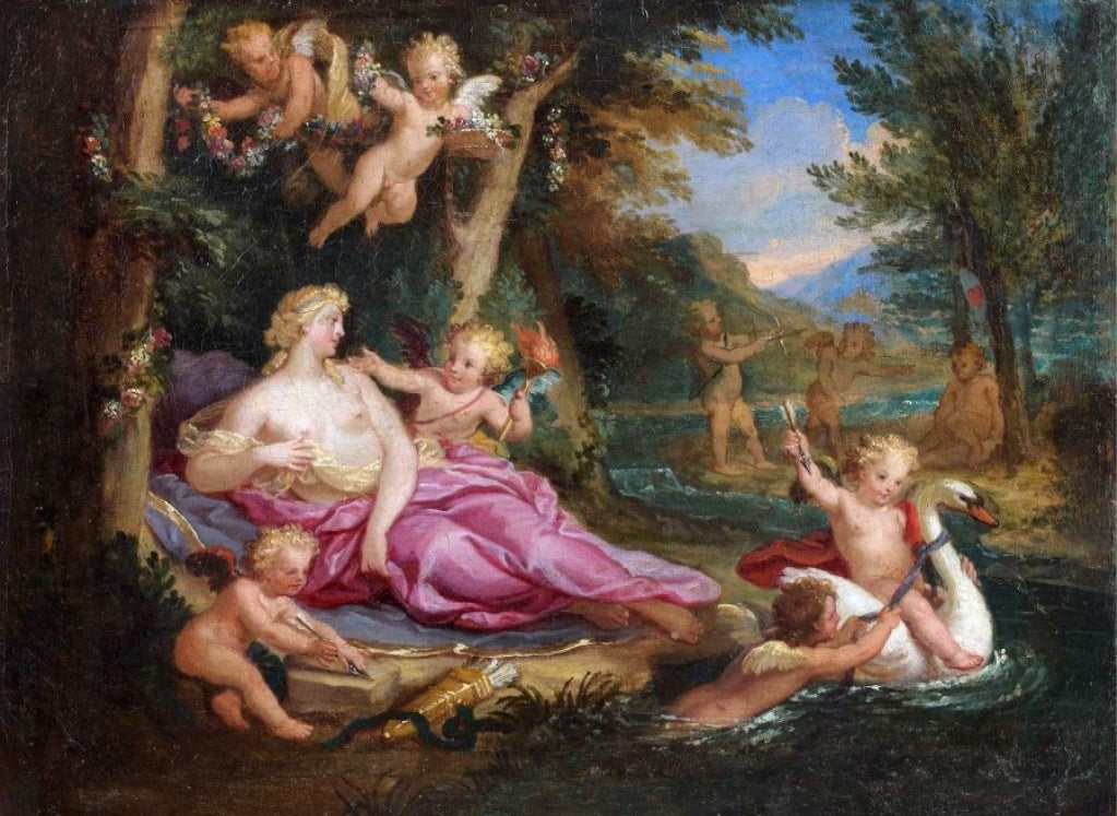 Venus and Cupids Playing with a Swan (study), vintage artwork by Louis de Boullogne the Younger, 12x8" (A4) Poster
