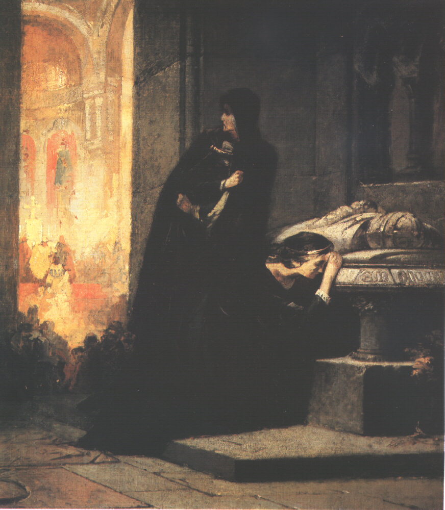 Queens Elisabeth and Mary at the Tomb of King Lajos the Great in 1385 (sketch), vintage artwork by Sándor Liezen-Mayer, 12x8" (A4) Poster