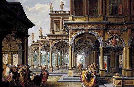 Architectural Capriccio with Jephthah and His Daughter, vintage artwork by Dirck van Delen, 12x8" (A4) Poster