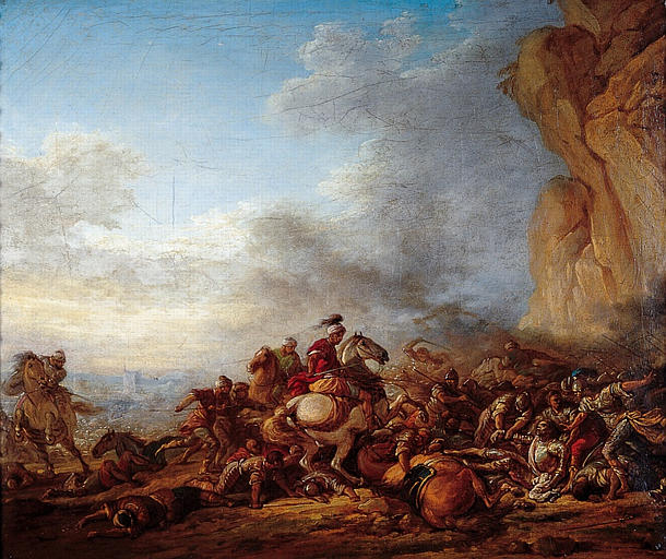 A Battle between Christians and Muslims, vintage artwork by Attributed to Carle van Loo, 12x8" (A4) Poster