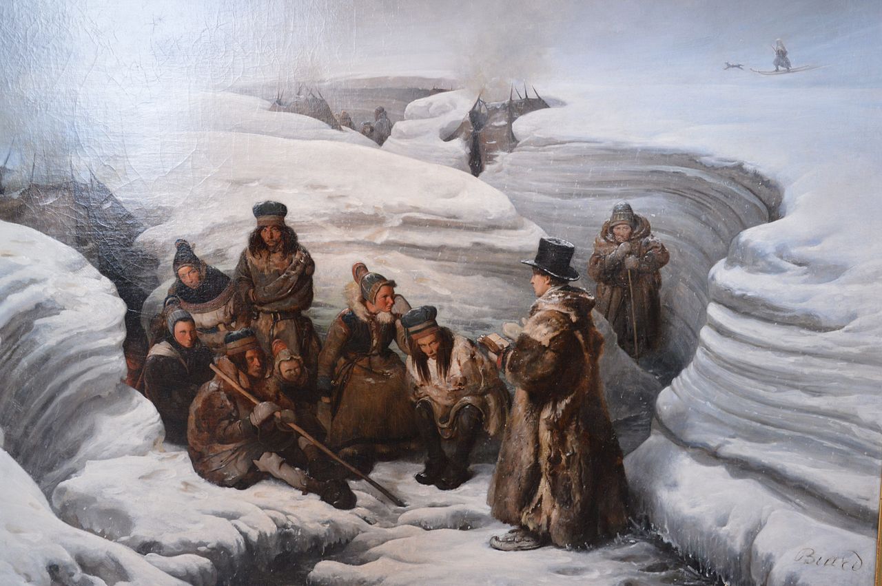 Pastor Laestadius Preaching to the Sami, vintage artwork by Francois-Auguste Biard, A3 (16x12") Poster Print