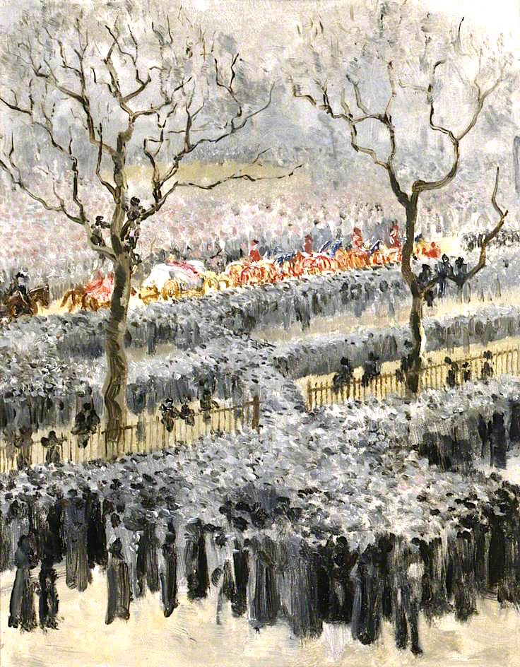 The Funeral Procession of Queen Victoria Passing through Hyde Park, London, vintage artwork by Mary Edity Durham, 12x8" (A4) Poster
