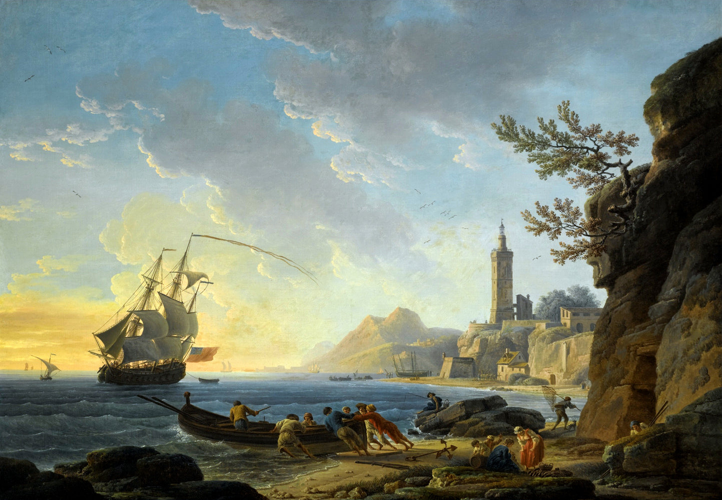 A Coastal Scene with a Lighthouse on the Cliffs and Fishermen, vintage artwork by Claude-Joseph Vernet, 12x8" (A4) Poster