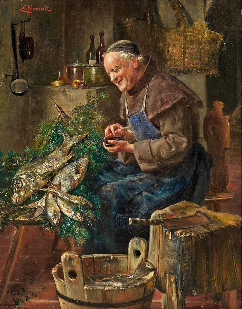 Cooking the the Christmas Carp, vintage artwork by Ernst Nowak, 12x8" (A4) Poster