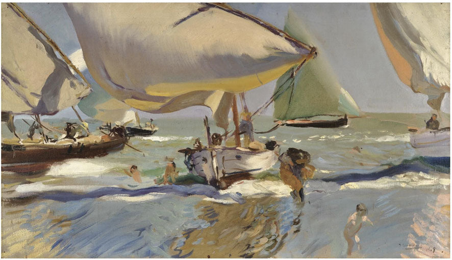 Boats on the beach, vintage artwork by Joaquin Sorolla y Bastida, 12x8" (A4) Poster