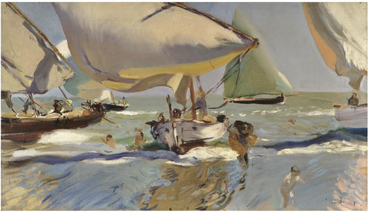 Boats on the beach, vintage artwork by Joaquin Sorolla y Bastida, 12x8" (A4) Poster