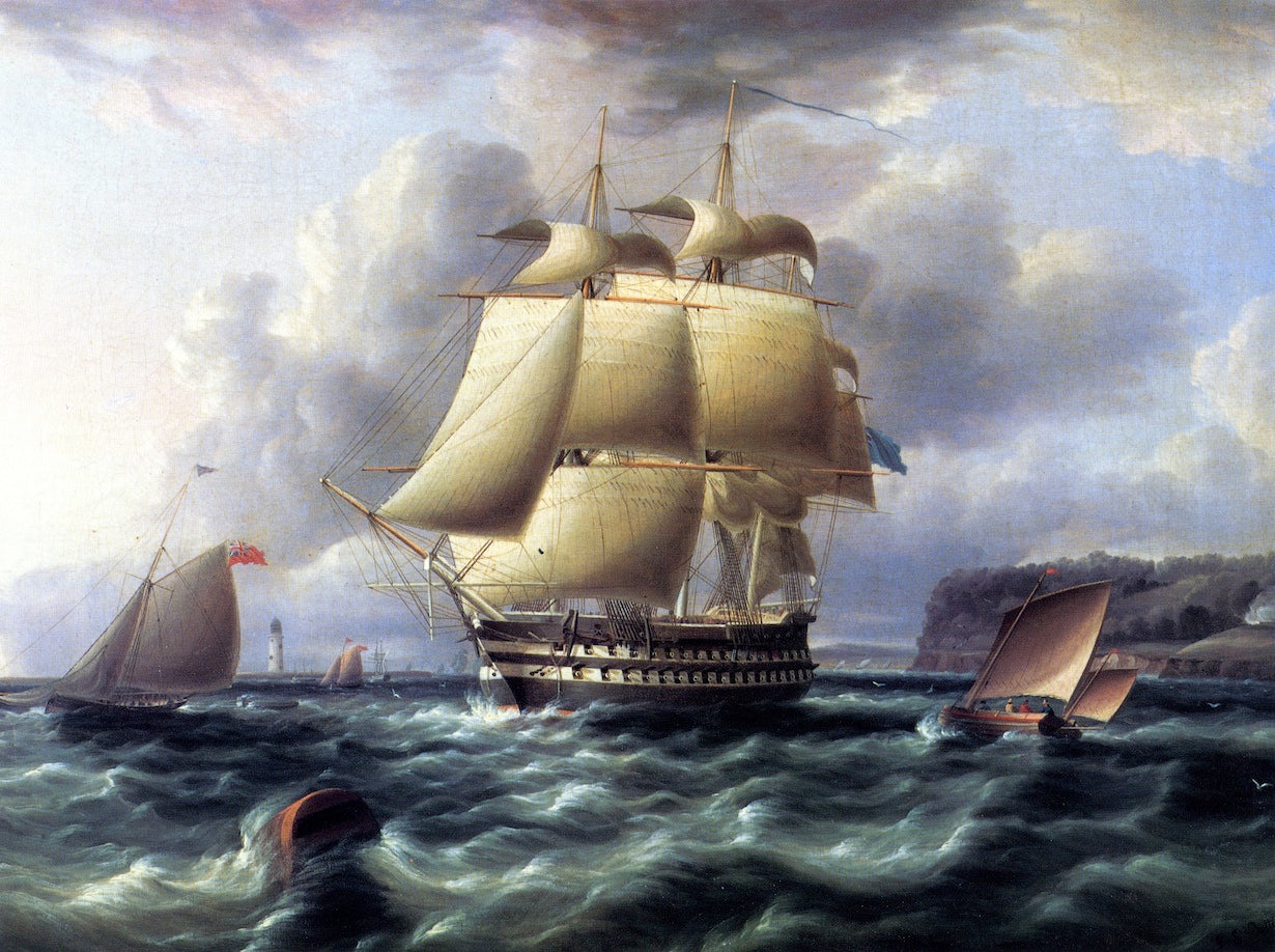H.M.S. "Rodney" in Plymouth Sound, vintage artwork by James E. Buttersworth, A3 (16x12") Poster Print
